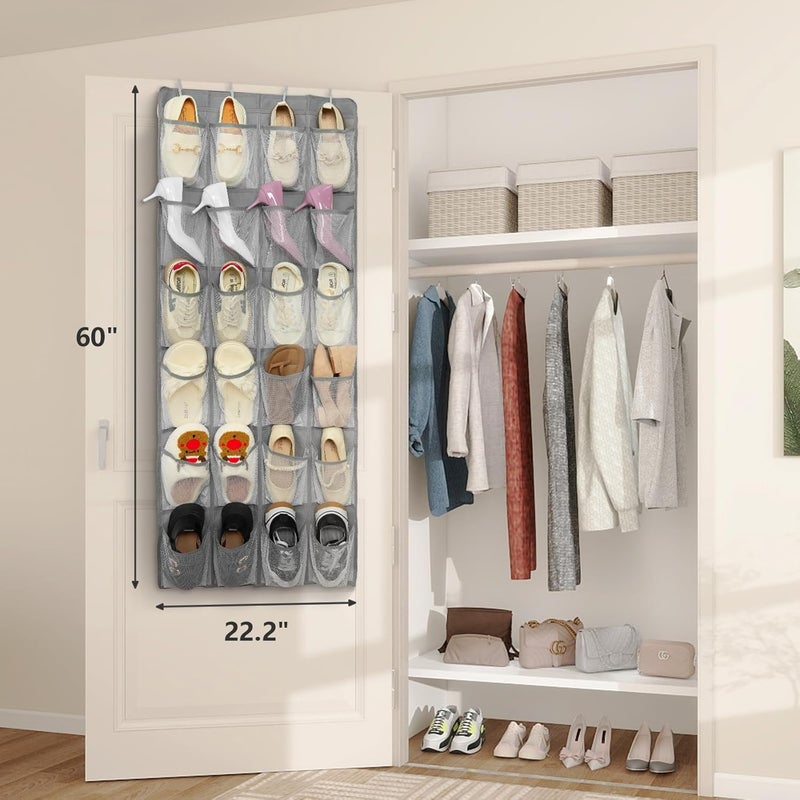 FENTEC 2 Pack Over the Door Shoe Organizer Hanging Shoe Organizer for Closet, Space Saving Mesh Large Pocket Shoe Storage and Organizer with 24 Packets, Shoe Holder for Apartments Garages, Gray - Image 4